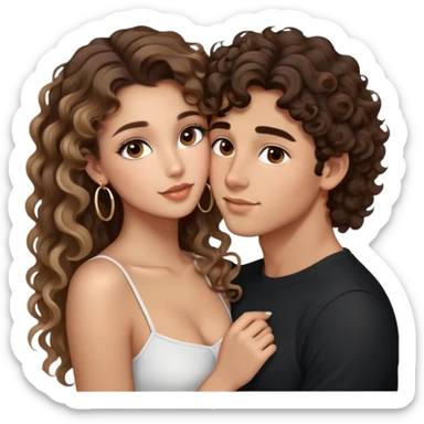 cute girl long brunette balayage curly/wavy not voluminous hair, brown eyes, hoop earrings, natural pretty clean makeup: kissing on the cheek a cute guy with blondish/brown hair and brown eyes taller than her sticker