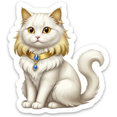 Fancy white fluffy long-haired sophisticated elegant sitting pet cat with a gold-sapphire collar (full body)  sticker