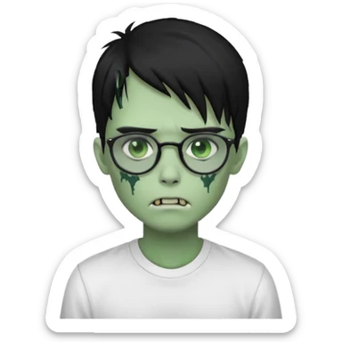 zombie boy with long black emo hair, glasses, white shirt, green skin sticker