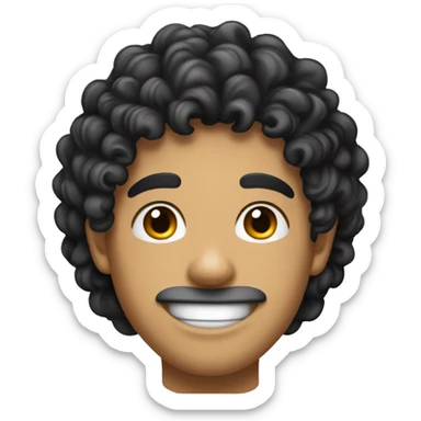 young hispanic guy with very curly long black  hair and no beard or mustache, and with sweet smile, just lips, no teeth sticker