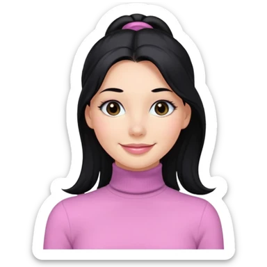 a woman with long sleeve turtle neck top and smile, her hair is long black one pony tail, her eyes color are black and the color of her lip is soft pink sticker