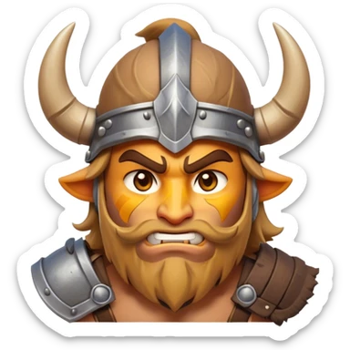 Clash of Clans aesthetic: Cinematic Fierce Barbarian Portrait Emoji, Poised and bold with a rugged yet cartoonish build in tattered furs and a horned helmet, his exposed skin a rich tan, expressive bright eyes and a confident smirk, Simplified yet dynamic features, highly detailed, glowing with a vivid, adventurous aura, high shine, heroic and spirited, stylized with an air of medieval warrior charm, focused and energetic, soft glowing outline, capturing the essence of a fearless barbarian adventurer ready to lead his clan with spirited valor! sticker