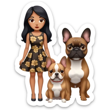 latin woman in a dress with long black hair standing alongside two French bulldogs  sticker