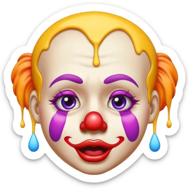 clown face with melting effect inspired by melting face and clown emoji, colorful makeup, sagging features, playful yet exhausted expression, emoji style sticker