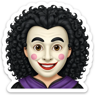 generate theatre mask emoji with a big curly black hair 

wide black smile, long and pointy white nose sticker