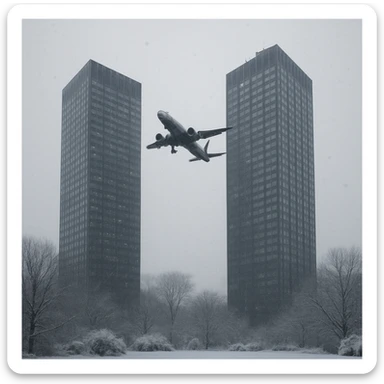 two skyscrapers and a plane that flyes to them, realism style, winter sticker