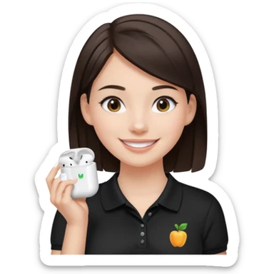 Girl with dark brown hair with airpods wearing a black wegmans grocery store polo sticker