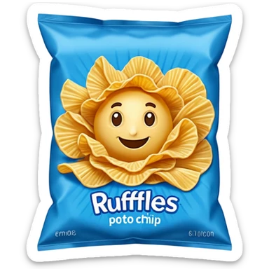 Draw a Ruffles chip bag in blue packaging with ridged potato chips spilling out. sticker
