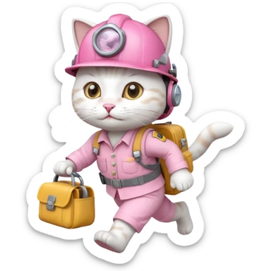 A cute white and pink cat dressed as engineer with a white helmet running fast carrying her cute bag sticker