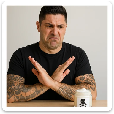 Create a realistic scene featuring a man with facial features similar to the person in the reference photo. The man is making a clear 'NO' gesture or looking disgusted at a face cream jar placed in front of him. The cream jar is visually marked as toxic or poisonous, for example with a skull symbol or warning label. The man's expression is wary and rejecting. The overall tone should be educational and respectful. sticker