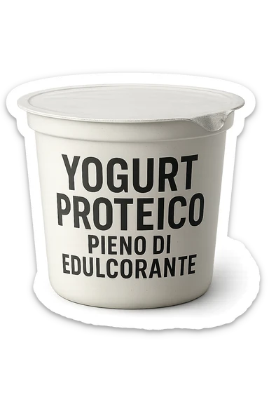 Yogurt proteicO CON LA SCRITTA "YOGURT PROTEICO PIENO DI EDULCORANTE" SULL'ETICHETTA,  iperrealistico 4k sticker