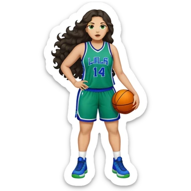 Full Body light skin Latino plus size women basketball player with long wavy dark hair  wearing blue and green uniform sticker