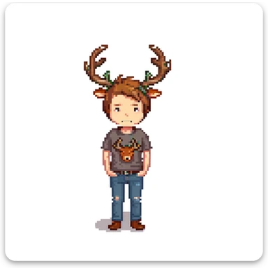 A casual guy with deer antlers, wearing a t-shirt and jeans, with a sad or thoughtful facial expression, neutral background, no snow sticker