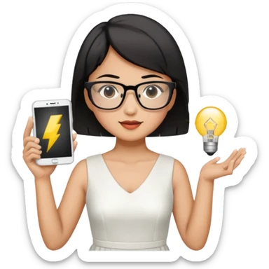 asian teacher with a white dress holding a flash with retangle glasses and black short hand  sticker