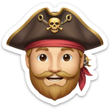 Clash of Clans aesthetic Cheerful Pirate Portrait Emoji, With a bright, confident smile and a relaxed yet adventurous posture, showcasing a stylized, rugged build with a classic pirate hat and a neatly groomed beard, his face in natural skin tone, Simplified yet expressive features, highly detailed, glowing with a soft, luminous maritime radiance, high shine, upbeat and daring, stylized with an air of classic swashbuckler allure, soft glowing outline, capturing the essence of a cheerful pirate ready to chart epic voyages! sticker