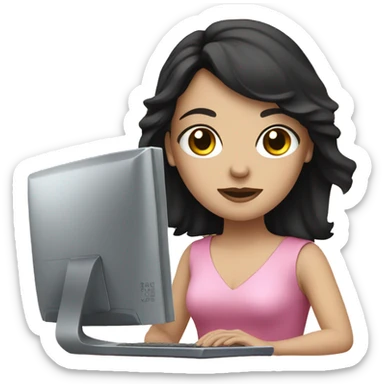 white girl with dark hair, dark eyes and pink dress with computer sticker