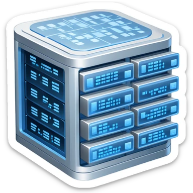 An icon featuring stacked server disks, a digital network grid, and binary code, symbolizing databases. The design includes data flow arrows, representing storage, organization, and retrieval of information. Transparent background highlights data-driven technologies. sticker