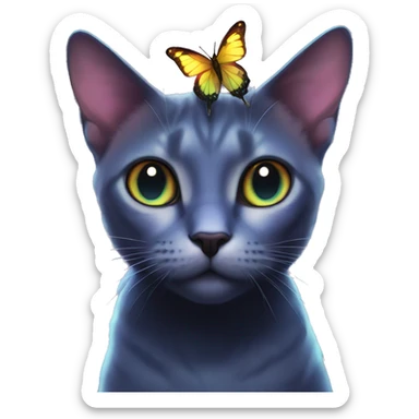 Dark iridescent butterfly glowing on top of cats head  sticker