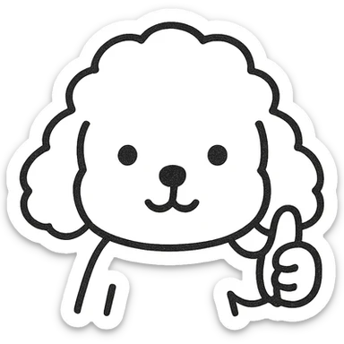 Transform the minimalist kawaii poodle dog head into a simple cartoon showing the same dog giving a thumbs up. Maintain thick, bold, clean black lines with no color or shading, on a white background. The face should be very minimal with a calm and sweet expression. The paw with the thumb up should be visible and clear, matching the hand-drawn, child-friendly look. sticker