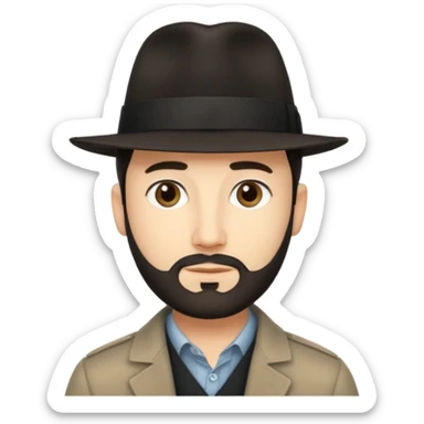 A light-skinned man with short dark hair, thin straight beard, and a black fedora, with an oval face and calm look. sticker