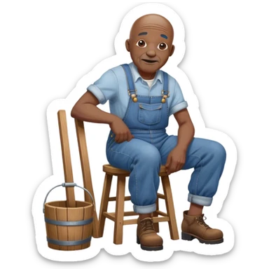 Old bald black man sitting on bucket stool overalls sticker