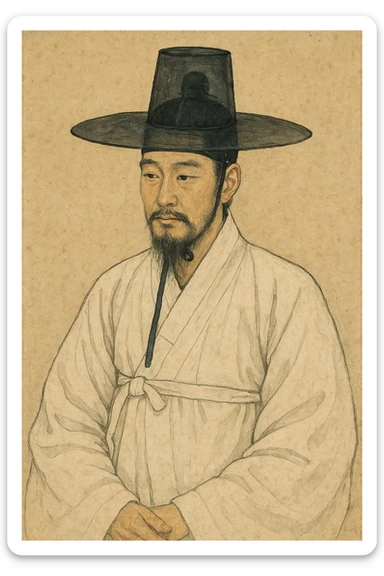 Joseon Dynasty scholar wearing a black gat hat and white dopo, Korean traditional attire, calm and dignified atmosphere sticker