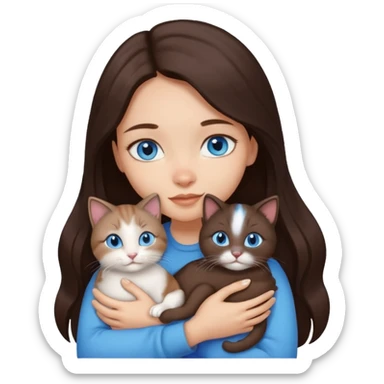 a pretty girl with long dark 
brown hair, with blue eyes, hugs 3 different natural coloured small cats sticker