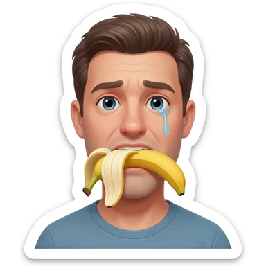 thirty year old guy with his mouth filled by a huge peeled banana drooling from one side of his mouth and tear in one eye sticker