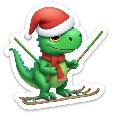 christmas dinosaur skiing while holding poles sticker