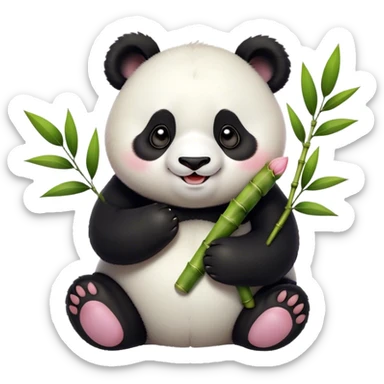 Cinematic smiling chubby panda, fluffy black and white fur, round rosy cheeks, tiny paws holding a bamboo shoot, sparkling eyes full of joy, soft glowing background, irresistibly huggable. sticker