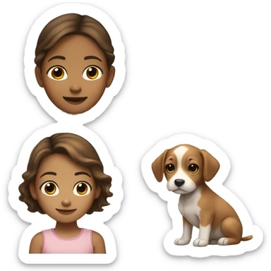 young girl with brown hair holding a light brown puppy with a white spot under chin sticker