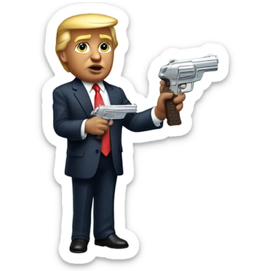 Donald trump holding a silver squirt gun in one hand and in his other hand he’s holding a baby with brown skin sticker