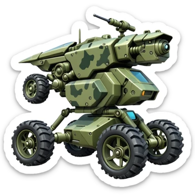 a 4-wheel camouflage army massive mech motorcycle shooting forward side-hill active suspension enemy mech off-road racing rover with large fast engine  sticker