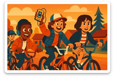 Group of friends inspired by Stranger Things riding bikes, one holding a cassette tape player (walkman), vibrant toon style, wide aspect ratio 16:9 sticker