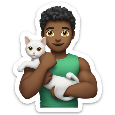 A boy with muscles holding cat sticker