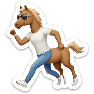 friendly anthropomorphised stallion in jeans and a t-shirt, wearing dark sunglasses, jogging upright in standard pose sticker