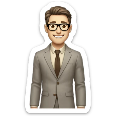 Joyful Pale skinned Fit Man With dark brown hair in gray jacket, beige office shirt, Brown pants and vintage glasses. His thrumbs up sticker