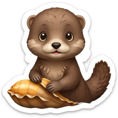adorable otter floating on water, holding a shell sticker