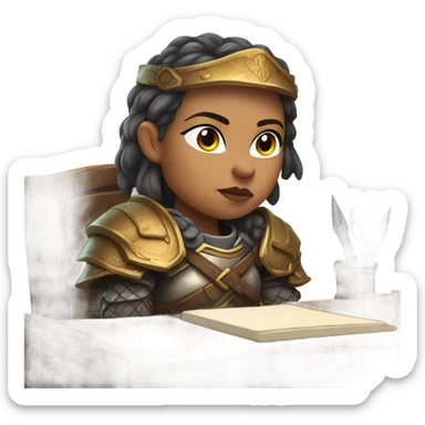Female Dwarf Warrior at a desk sticker