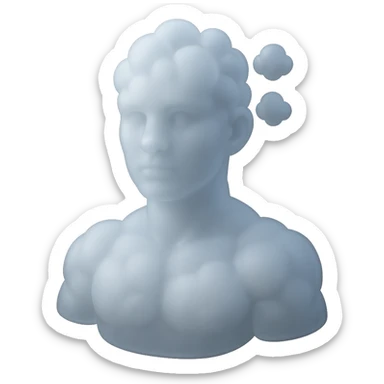 person looking straight, fully made of white fluffy convex clouds, shoulders, matte glass style sticker