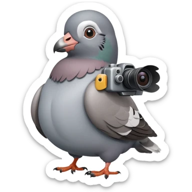 a chubby pigeon with a camera strapped to its chest, glancing side to side sticker
