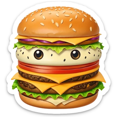 Create an image of a burger face with eyes and mouth pooping up in blue background sticker