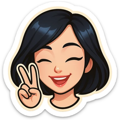 Create a girl's head in the classic Telegram sticker style with cute facial features resembling Samsung Sam, pale skin, only the head without neck, white background. The girl is winking, smiling, and showing a V (peace) sign with her fingers. Clean cartoon style suitable for a Telegram bot profile. sticker