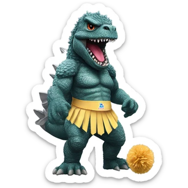 Godzilla dressed as a cheerleader with pompoms sticker