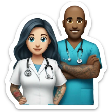 Tattooed guy with brown hair and blue eyed girl with long dark hair who is a nurse sticker