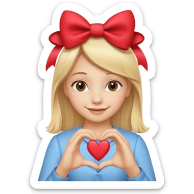una ragazza bionda liscia con un fiocco in testa che fa un cuore con le mani sticker