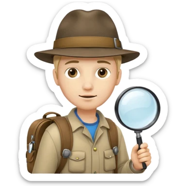 Explorer young man with hat and magnifying glass and backpack, portrait sticker