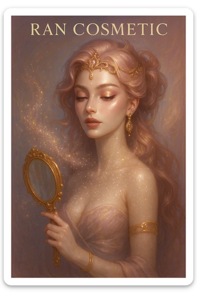 fantasy female character representing RAN Cosmetic, high-fashion makeup, glowing skin, magical sparkling powder, golden mirror, pastel pink and gold tones, elegant and mysterious, TikTok cover style sticker