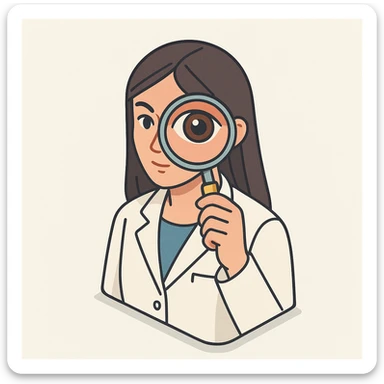 front view of a female doctor with dark long straight hair, detailed brown eyes (not dots), wearing a white coat, looking straight at the camera through a magnifying glass, both eyes visible, one eye enlarged and distorted like a fisheye lens, minimalist background, 2D isometric style sticker