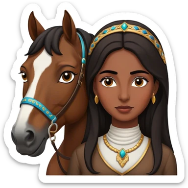 Middle Eastern woman with black and well defined eyebrows next to a horse  sticker